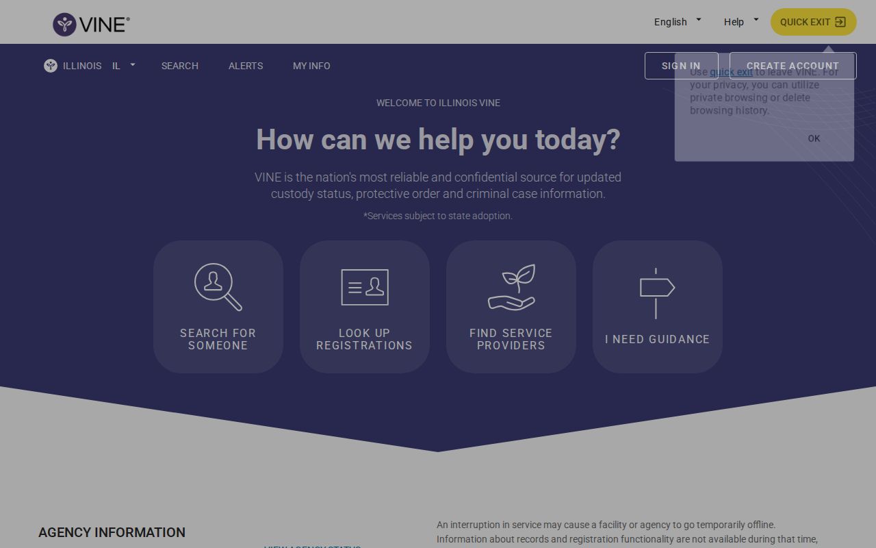 Illinois VINE statewide landing page linked by Shelby County custody resources