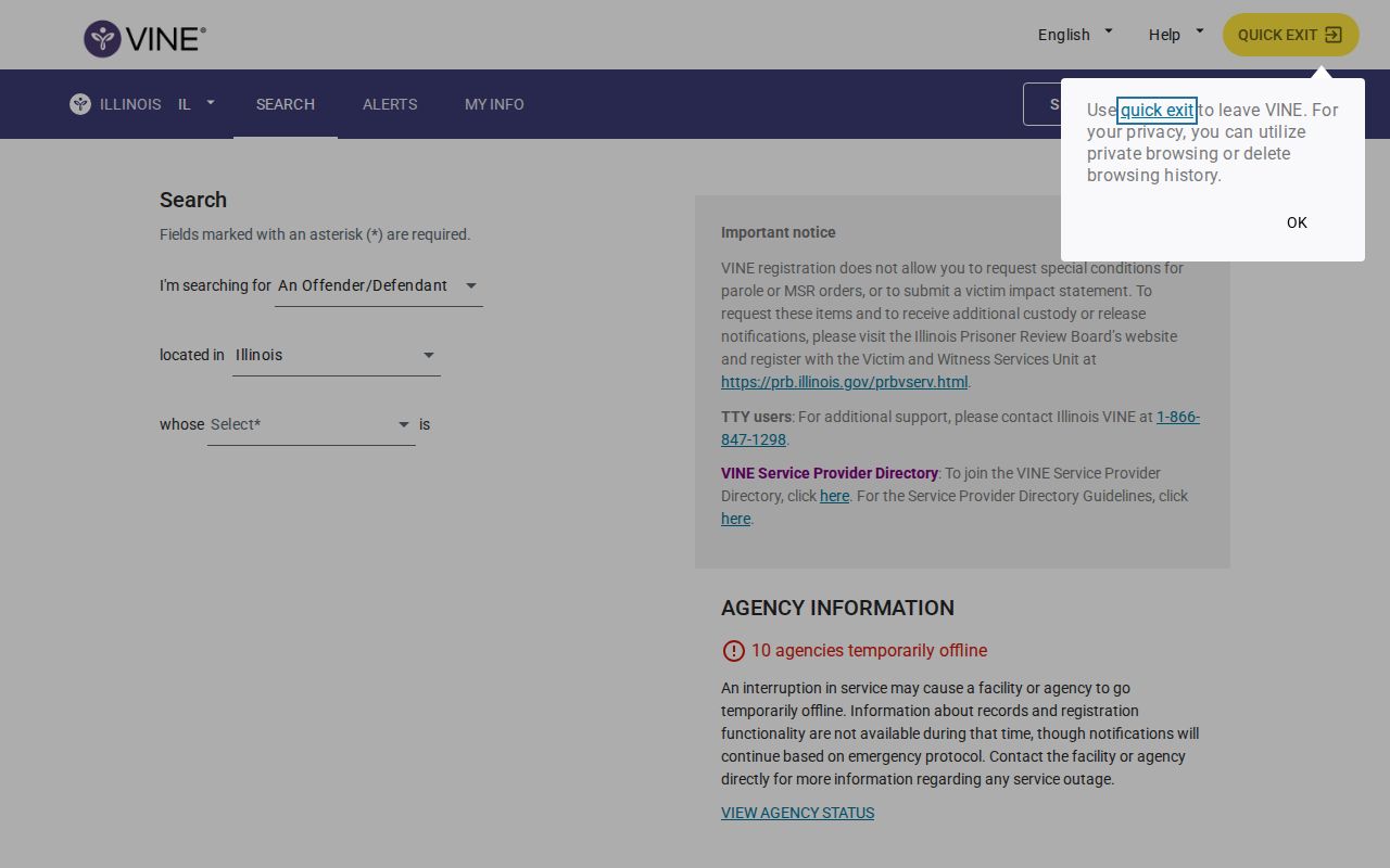 Illinois VINE person search screen for a Shelby County custody check